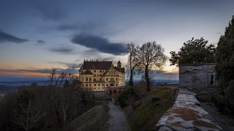 4K Time Lapse Castle Blue Hour Pan Clouds Stock Footage 73499112