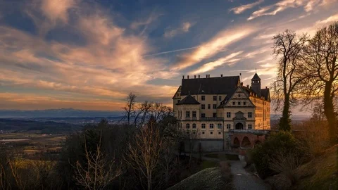 4K Time Lapse Castle Sunset Pan Clouds Stock Footage 73513273