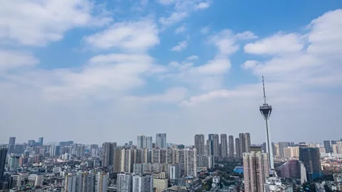 4K Time-lapse of Chengdu Landmark Panda Tower with Blue Sky and White Clouds Stock Footage 341789672