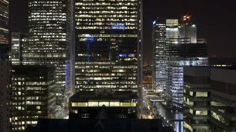 4k Time lapse of the City and buildings at night, Canary Wharf Stock Footage