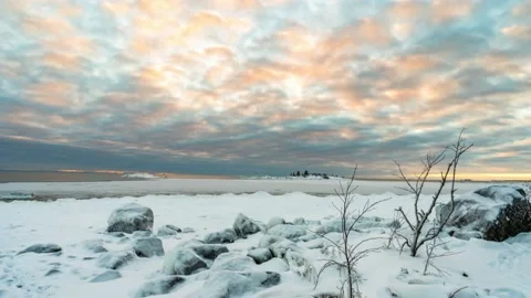 A 4K time lapse of cloud movement with landscape view of a frozen sea during the Stock Footage 147345678
