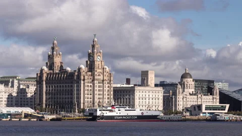 4k time lapse of clouds and sun over the Liver Building, Liverpool, England Stock Footage 138834292