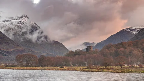 4k time lapse of clouds over Dolbadarn castle in Snowdonia, North Wales Stock Footage 144635034