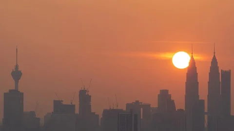 4K Time lapse cloudy and haze sunset over downtown Kuala Lumpur, Malaysia. Stock Footage 113675401
