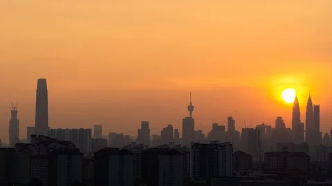 4K Time lapse cloudy and haze sunset over downtown Kuala Lumpur, Malaysia. Stock Footage 113678857
