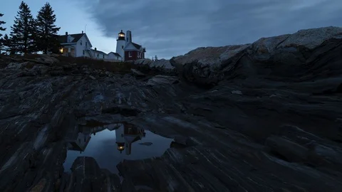 4K Time lapse of cloudy sunrise at Pemaquid Point Light House in Bristol, ME Stock Footage 71010700