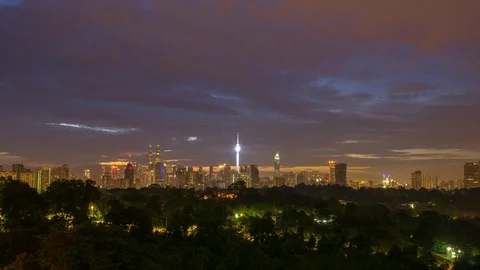 4K Time lapse of cloudy sunrise over downtown Kuala Lumpur, Malaysia. Zoom In Stock Footage 90317504
