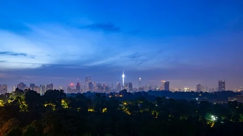 4K Time lapse of cloudy sunrise over downtown Kuala Lumpur, Malaysia. Zoom In 스톡 동영상 90768461
