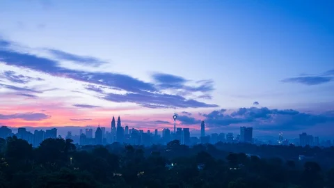 4K Time lapse of cloudy sunrise over downtown Kuala Lumpur, Malaysia. Stock Footage 94729124