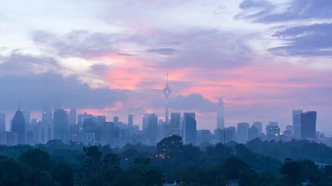 4K Time lapse of cloudy sunrise over downtown Kuala Lumpur, Malaysia. Stock Footage 97457495