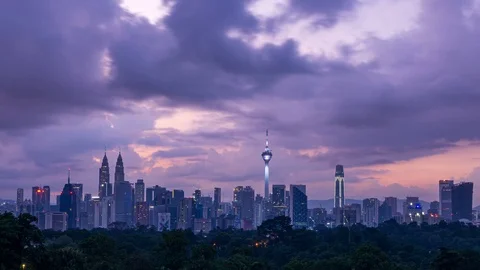 4K Time lapse of cloudy sunrise over downtown Kuala Lumpur, Malaysia. Zoom Out Stock Footage 108619352