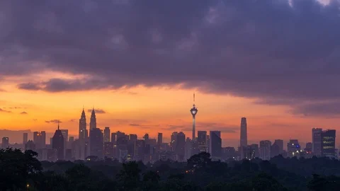 4K Time lapse of cloudy sunrise over downtown Kuala Lumpur, Malaysia. Zoom Out Stock Footage 108762508