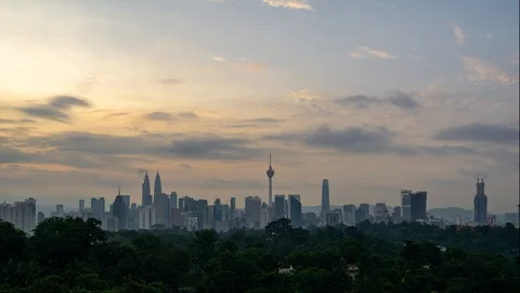 4K Time lapse of cloudy sunrise over downtown Kuala Lumpur, Malaysia. Stock Footage 109409050
