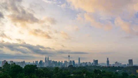 4K Time lapse of cloudy sunrise over downtown Kuala Lumpur, Malaysia. Zoom Out. Stock Footage 109411110