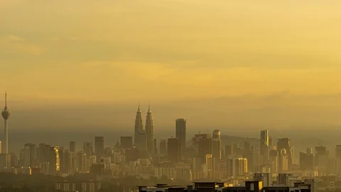 4K Time lapse of cloudy sunrise over downtown Kuala Lumpur, Malaysia. Zoom In Stock Footage 110688593