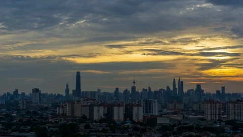4K Time lapse of cloudy sunset over downtown Kuala Lumpur, Malaysia. Zoom In. Stock Footage 111072001