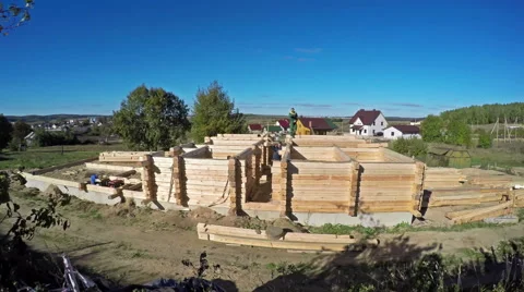 4K. Time-Lapse. Construction of a new wooden house. Video stock 59123924