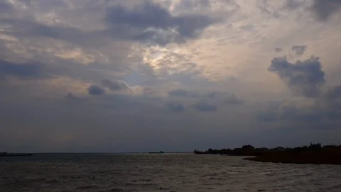 4K Time lapse. Dark storm clouds over the sea bay. Windy autumn sky, ships 動画素材 97199406