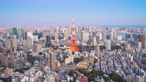 4k Time lapse Day to night of Tokyo tower with buildings in Tokyo City, Japan. Stock Footage 253492795