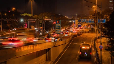 4K Time-lapse of Dense Traffic Flow on Overpass During Urban Evening Rush Hour Stock Footage 342123613