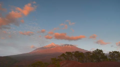 4K time-lapse of dramatic orange clouds over snow-capped Mount Teide at sunset, Stock Footage 332480483