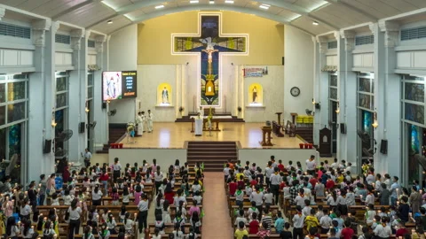 4K Time Lapse Of Easter Mass in The Church, SaiGon, Ho Chi Minh city, VietNam Stock Footage 153345910
