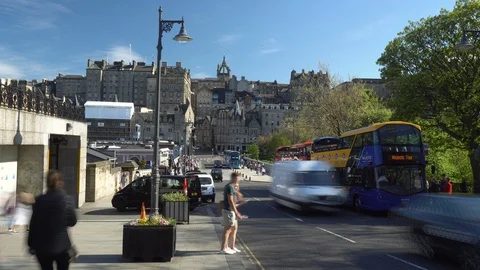 4K Time Lapse of Edinburgh Bustling Street Scene With Cars and Pedestrians Stock Footage 119140322