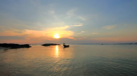 4K Time Lapse evening time, sunset behind fishing boat on the sea Stock Footage 63601097