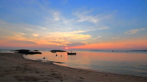 4K Time Lapse evening time, sunset behind fishing boat on the sea Stock Footage 63601313
