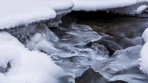 4K Time Lapse of Flowing Water, Close Up of Frozen Stones and Icicles Stock Footage 146770794