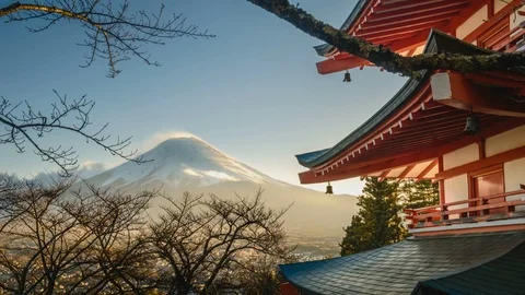 4k Time lapse of Fuji mountain and Chureito pagoda during sunrise. Stock Footage 101307637