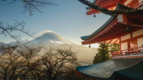 4k Time lapse of Fuji mountain and Chureito pagoda during sunrise. Camera pan up Stock Footage 101340206