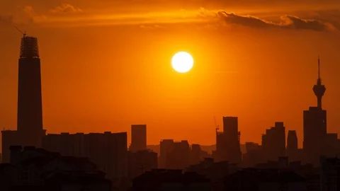 4K Time lapse of glory sunset over downtown Kuala Lumpur, Malaysia. Zoom In. Stock Footage 94499083