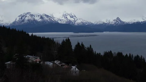 4K time lapse of the Homer spit in the Kachemak Bay on a cloudy Alaskan day Stock Footage 242714768