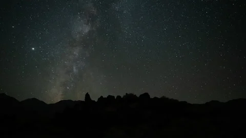 4K time lapse of jagged desert rock formations silhouetted by Milky Way stars 스톡 동영상 139729307