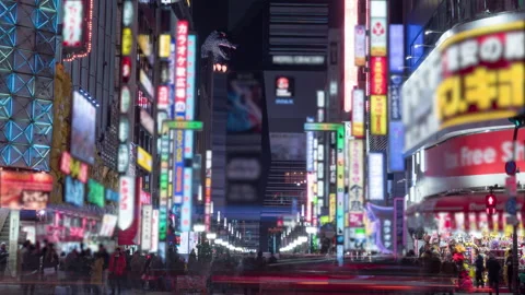4K time lapse of Kabuki central road, in Shinjuku Ward. Blurred logos Stock Footage 234644561