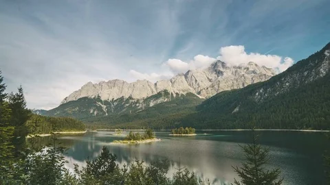 4K Time lapse of lake Eibsee and mountain Zugspitze in the Alps, Bavaria Germany Stock Footage 85050330