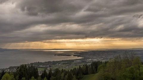 4K Time Lapse Lake Panorama Clouds Sun Rays View Stock Footage 71385332