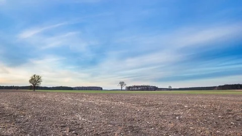 4k time-lapse landscape of vibrant sunset sky over field in springtime Stock Footage 73686496