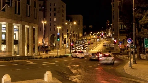 4K time lapse loaded traffic crossroads in downtown of Jerusalem street night Stock Footage 47854115