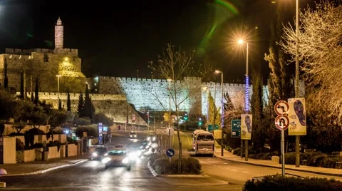 4K time lapse loaded traffic crossroads in downtown of Jerusalem street night Stock Footage 47854179