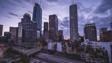 4k Time Lapse of Los Angeles above 110 Freeway Wilshire grand Sunrise Rooftop Ti Stock Footage 86505385