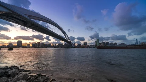 4K Time lapse - Modern bridge in Shanghai China (LuPu bridge) Stock Footage 110905764