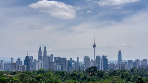4K Time lapse of moving clouds over downtown Kuala Lumpur, Malaysia. Zoom In. Stock Footage 89928874