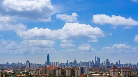 4K Time lapse of moving clouds over downtown Kuala Lumpur, Malaysia. Zoom In. Stock Footage 89954659