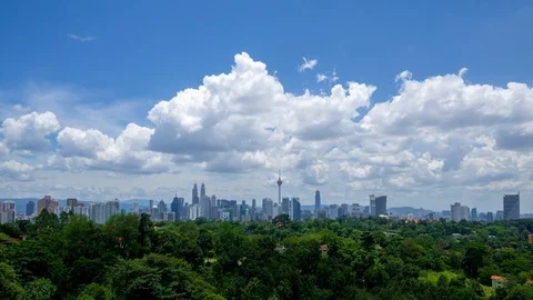 4K Time lapse of moving clouds over downtown Kuala Lumpur, Malaysia. Zoom In. Stock Footage 90322422