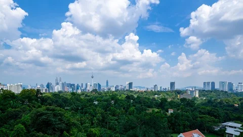 4K Time lapse of moving clouds over downtown Kuala Lumpur, Malaysia. Zoom In. Stock Footage 90448522
