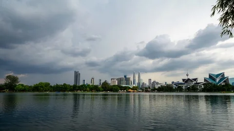 4K Time lapse of moving clouds over downtown Kuala Lumpur, Malaysia. Zoom In. Stock Footage 90467532