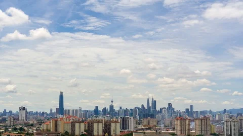 4K Time lapse of moving clouds over downtown Kuala Lumpur, Malaysia. Zoom In Stock Footage 96592322