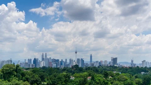 4K Time lapse of moving clouds over downtown Kuala Lumpur, Malaysia. Zoom In. Stock Footage 96967094